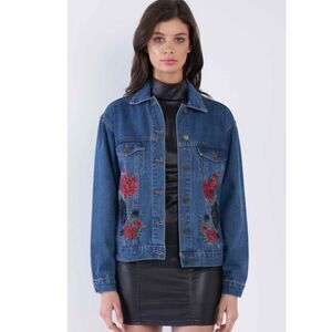Roses Embroidered Denim Jacket Pockets S/M & M/L NWT